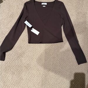 Aritzia Deep Brown V-Neck Long Sleeve Top